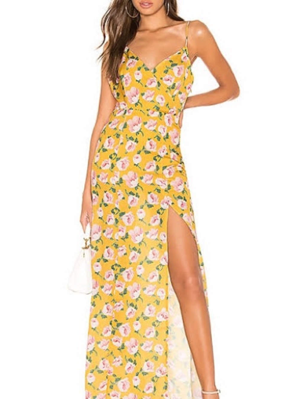 Superdown Lorie Yellow Floral Maxi Dress Front Slit | M